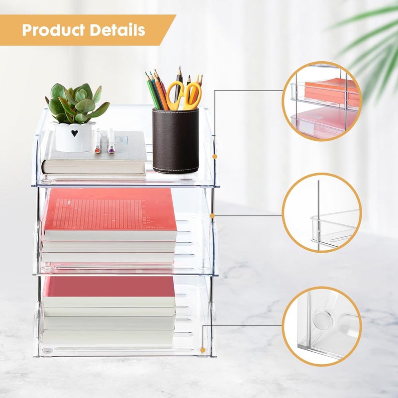 Noger Desk Organizer and Storage,3-Tier File Paper Tray Organizers,Stackable Clear Desktop Organizer for Documents,Book Magazine Storage,Office Supplies (Clear,3 Pack) - Image 5